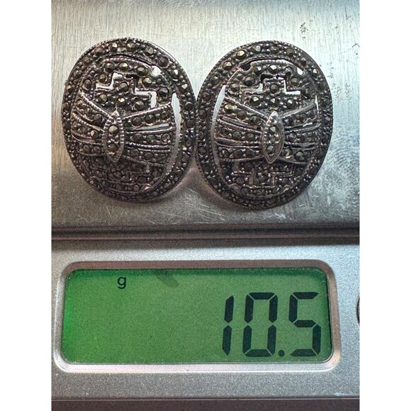 Vintage Sterling Silver 925 Marcasite Oval Post Earrings Estate 10.5g Art Deco - Picture 9 of 9